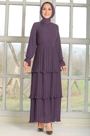 Neva Style - Pliseli Koyu Lila Tesettür Elbise 2733KLILA - 1
