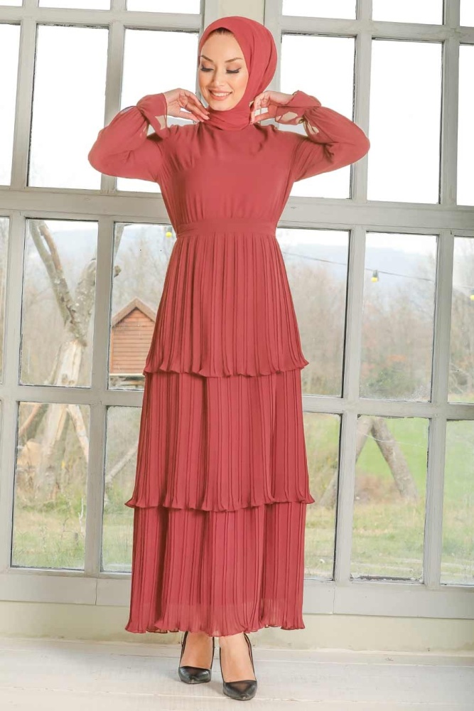 Neva Style - Pliseli Koyu Somon Tesettür Elbise 2733KSMN - 1