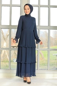 Neva Style - Pliseli Lacivert Tesettür Elbise 2733L - Thumbnail