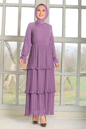 Neva Style - Pliseli Lila Tesettür Elbise 2733LILA - 1