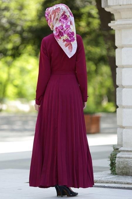 Neva Style - Pliseli Mürdüm Tesettür Elbise 4027MU - 3