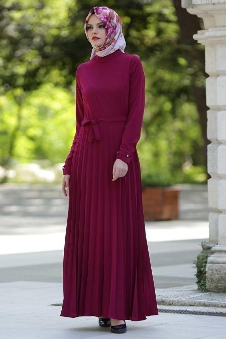 Neva Style - Pliseli Mürdüm Tesettür Elbise 4027MU - 2
