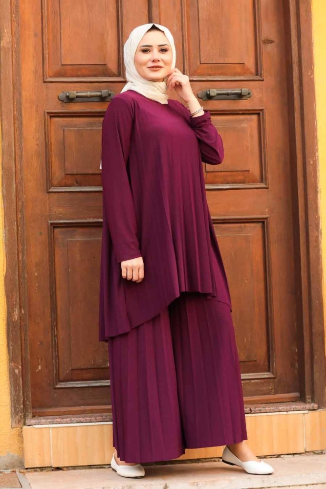 Neva Style - Pliseli Mürdüm Tesettür İkili Takım 50054MU - 1