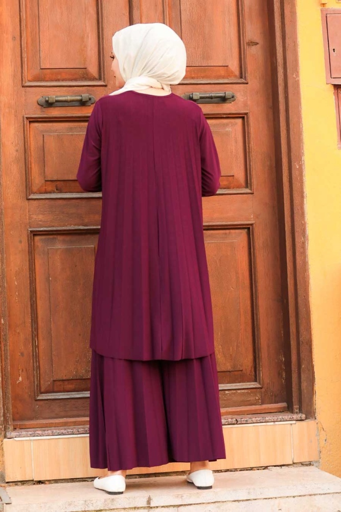 Neva Style - Pliseli Mürdüm Tesettür İkili Takım 50054MU - 2