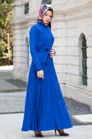 Neva Style - Pliseli Sax Mavi Tesettür Elbise 4027SX - Thumbnail