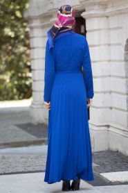 Neva Style - Pliseli Sax Mavi Tesettür Elbise 4027SX - Thumbnail