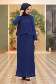 Neva Style - Pliseli Sax Mavisi Tesettür Elbise 2860SX - Thumbnail