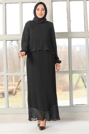 Neva Style - Pliseli Siyah Tesettür Elbise 2860S - Thumbnail