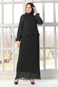 Neva Style - Pliseli Siyah Tesettür Elbise 2860S - Thumbnail