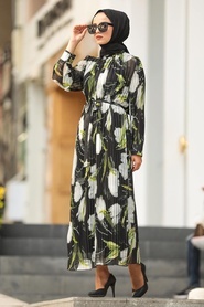 Neva Style - Pliseli Siyah Tesettür Elbise 33250S - Thumbnail