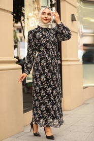 Neva Style - Pliseli Siyah Tesettür Elbise 33254S - Thumbnail