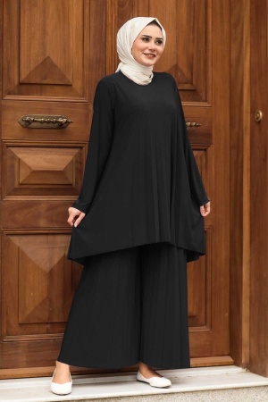 Neva Style - Pliseli Siyah Tesettür İkili Takım 50054S - 1