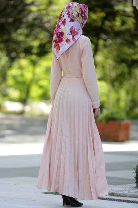 Neva Style - Pliseli Somon Tesettür Elbise 4027SMN - 3