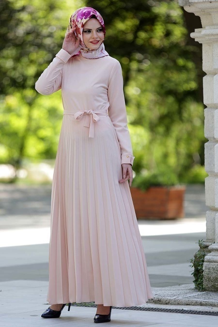 Neva Style - Pliseli Somon Tesettür Elbise 4027SMN