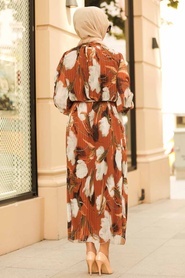 Neva Style - Pliseli Taba Tesettür Elbise 33250TB - Thumbnail
