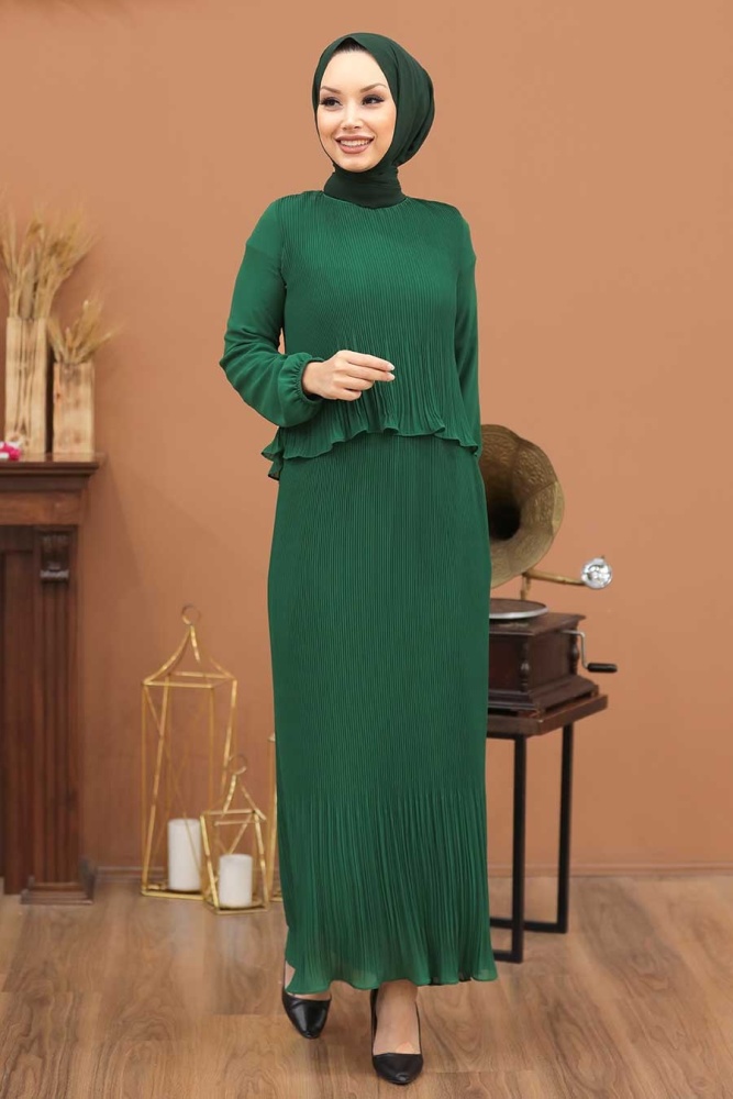 Neva Style - Pliseli Yeşil Tesettür Elbise 2860Y - 1