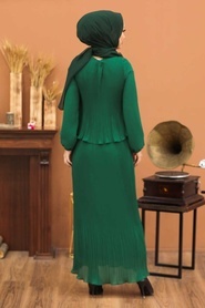 Neva Style - Pliseli Yeşil Tesettür Elbise 2860Y - Thumbnail