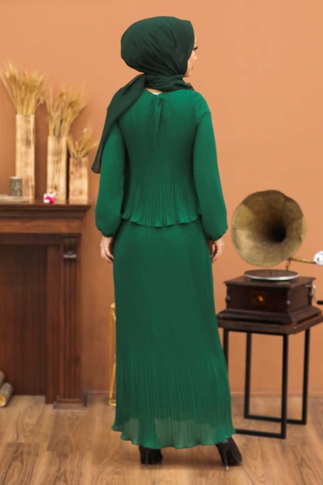 Neva Style - Pliseli Yeşil Tesettür Elbise 2860Y - 2