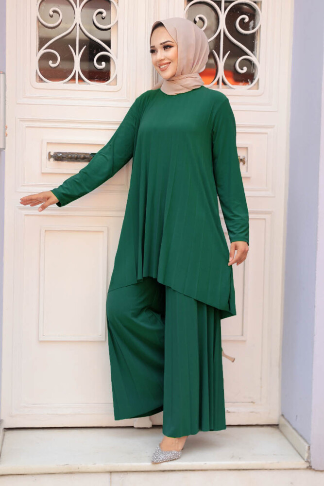 Neva Style - Pliseli Yeşil Tesettür İkili Takım 50054Y - 1