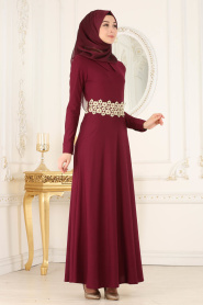 Neva Style - Plum Color Hijab Dress 10076MU - Thumbnail