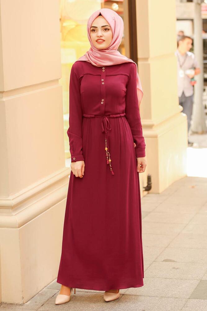 Belden Bağcıklı Mürdüm Tesettür Elbise 31751MU - 1