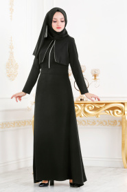 Fermuar Detaylı Siyah Tesettür Elbise 4017S - Thumbnail