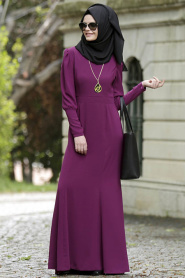 Neva Style - Plum Color Hijab Dress 7033MU - Thumbnail
