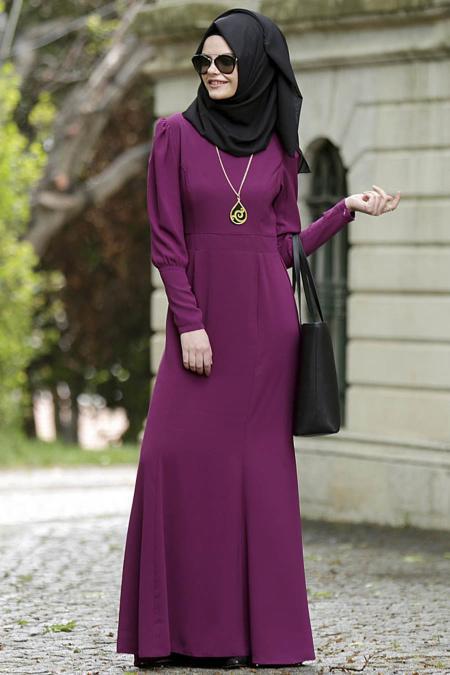 Neva Style - Plum Color Hijab Dress 7033MU - 2