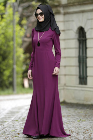 Neva Style - Plum Color Hijab Dress 7033MU - Thumbnail