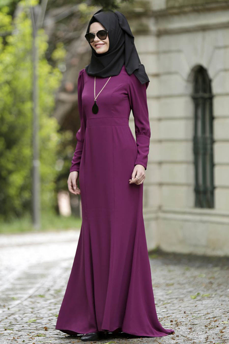 Neva Style - Plum Color Hijab Dress 7033MU