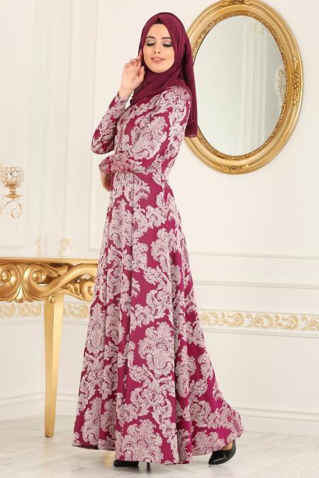 Desenli Mürdüm Tesettür Abiye Elbise 81650MU - 2