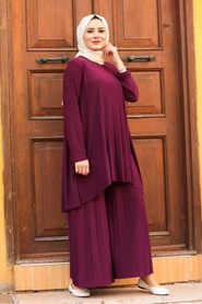 Neva Style - Plum Color Hijab Dual Suit Dress 50054MU - Thumbnail