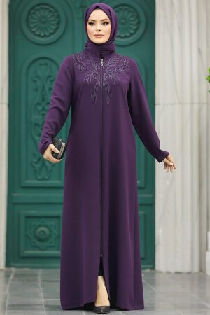 Neva Style - Plum Color Hijab Plus Size Turkish Abaya 10086MU - Thumbnail