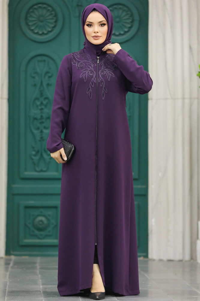 Neva Style - Plum Color Hijab Plus Size Turkish Abaya 10086MU - 2