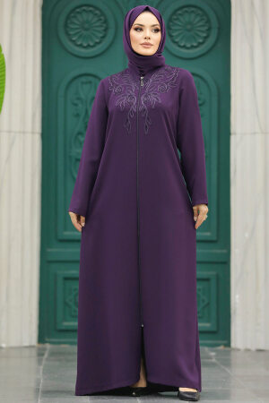 Neva Style - Plum Color Hijab Plus Size Turkish Abaya 10086MU - Thumbnail