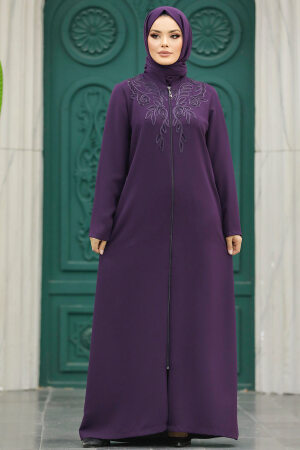 Neva Style - Plum Color Hijab Plus Size Turkish Abaya 10086MU - Thumbnail