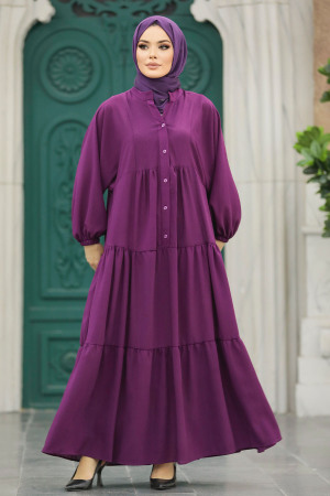 Neva Style - Plum Color Long Dress for Muslim Ladies 65872MU - 2
