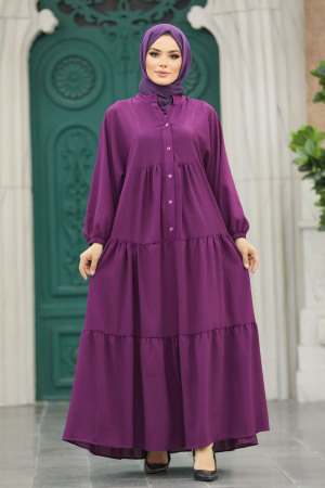 Neva Style - Plum Color Long Dress for Muslim Ladies 65872MU - 3