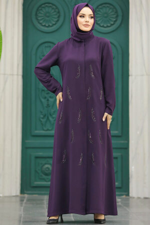 Neva Style - Plum Color Long Sleeve Turkısh Abaya 10106MU - 3