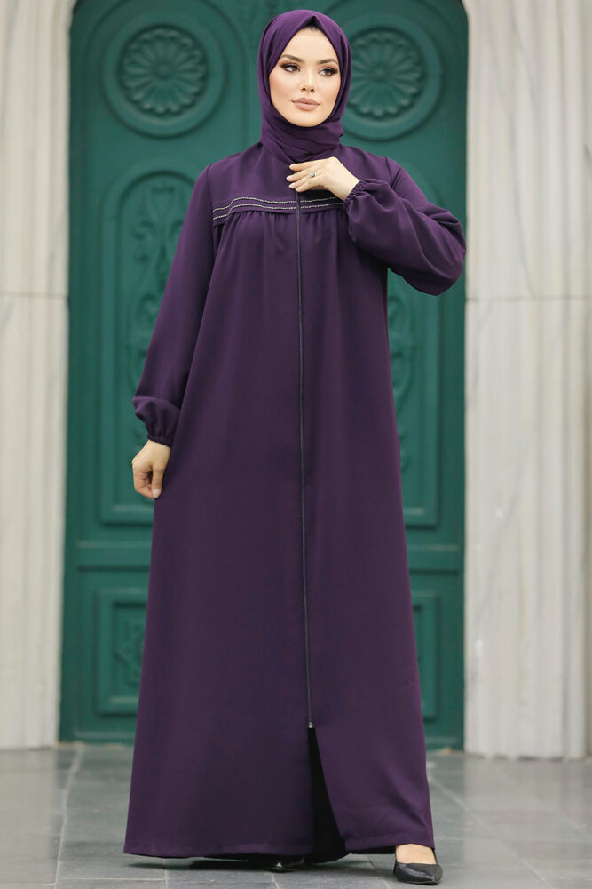 Neva Style - Plum Color Long Sleeve Turkısh Abaya 10533MU - 3