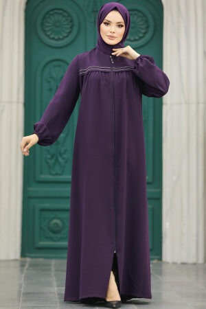 Neva Style - Plum Color Long Sleeve Turkısh Abaya 10533MU - 1