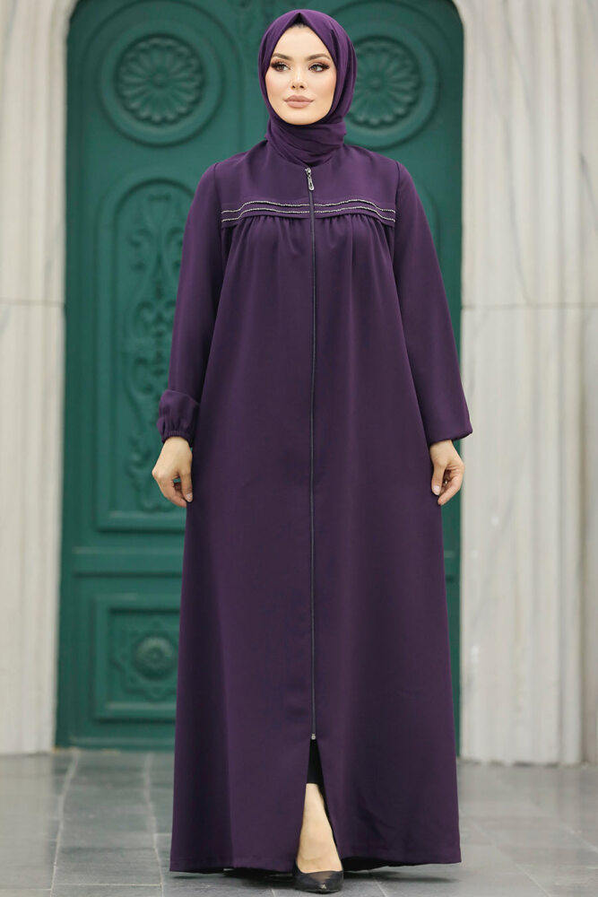 Neva Style - Plum Color Long Sleeve Turkısh Abaya 10533MU - 4