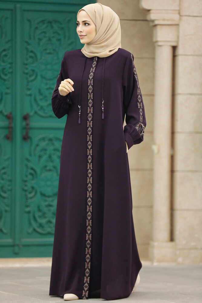 Neva Style - Plum Color Long Turkish Abaya 41563MU - 3