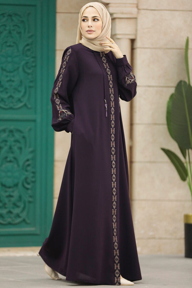 Neva Style - Plum Color Long Turkish Abaya 41563MU - 4