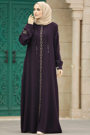 Neva Style - Plum Color Long Turkish Abaya 41563MU - 1