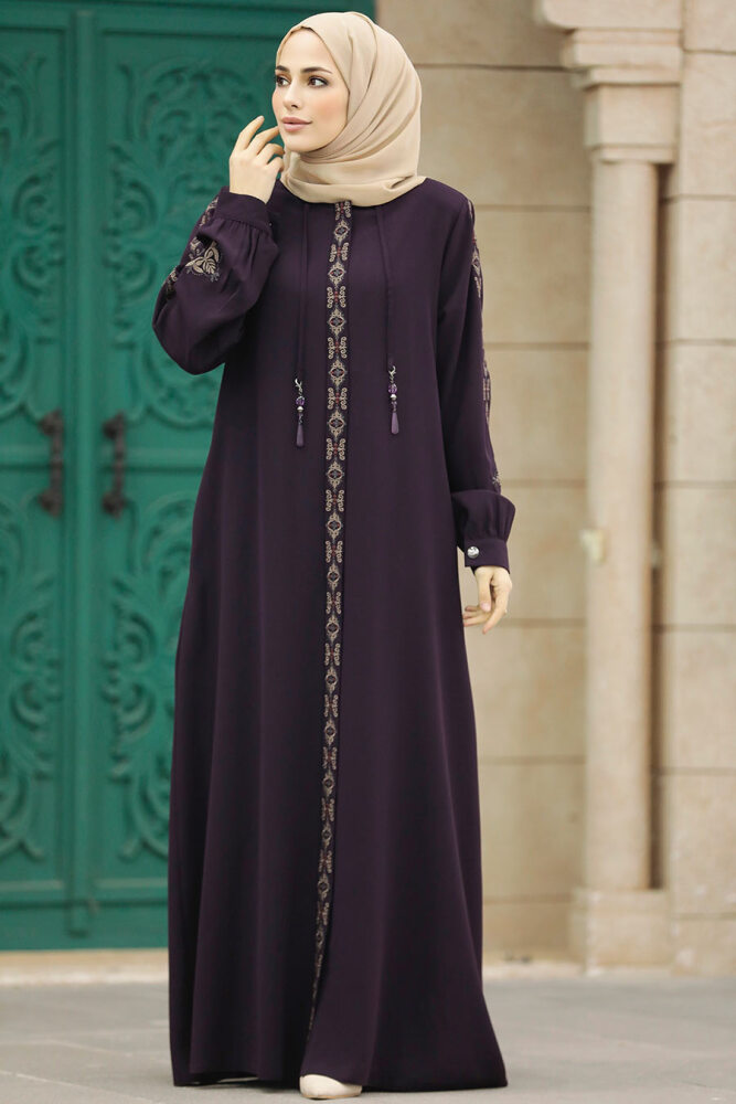 Neva Style - Plum Color Long Turkish Abaya 41563MU - 1