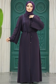 Neva Style - Plum Color Long Turkish Abaya 91502MU - Thumbnail