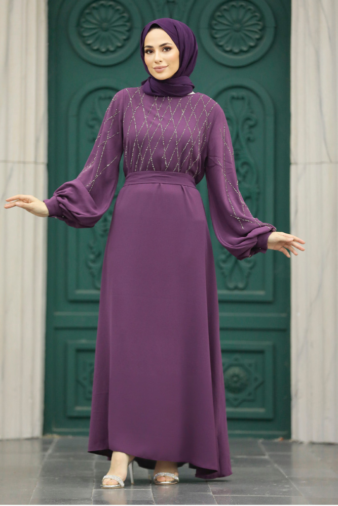 Plum Color Muslim Long Sleeve Dress 20412MU - 1