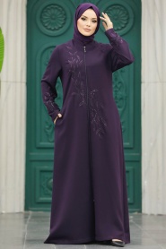 Neva Style - Plum Color Muslim Turkish Abaya 20952MU - Thumbnail