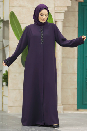 Plum Color Muslim Turkish Abaya 62538MU - 4